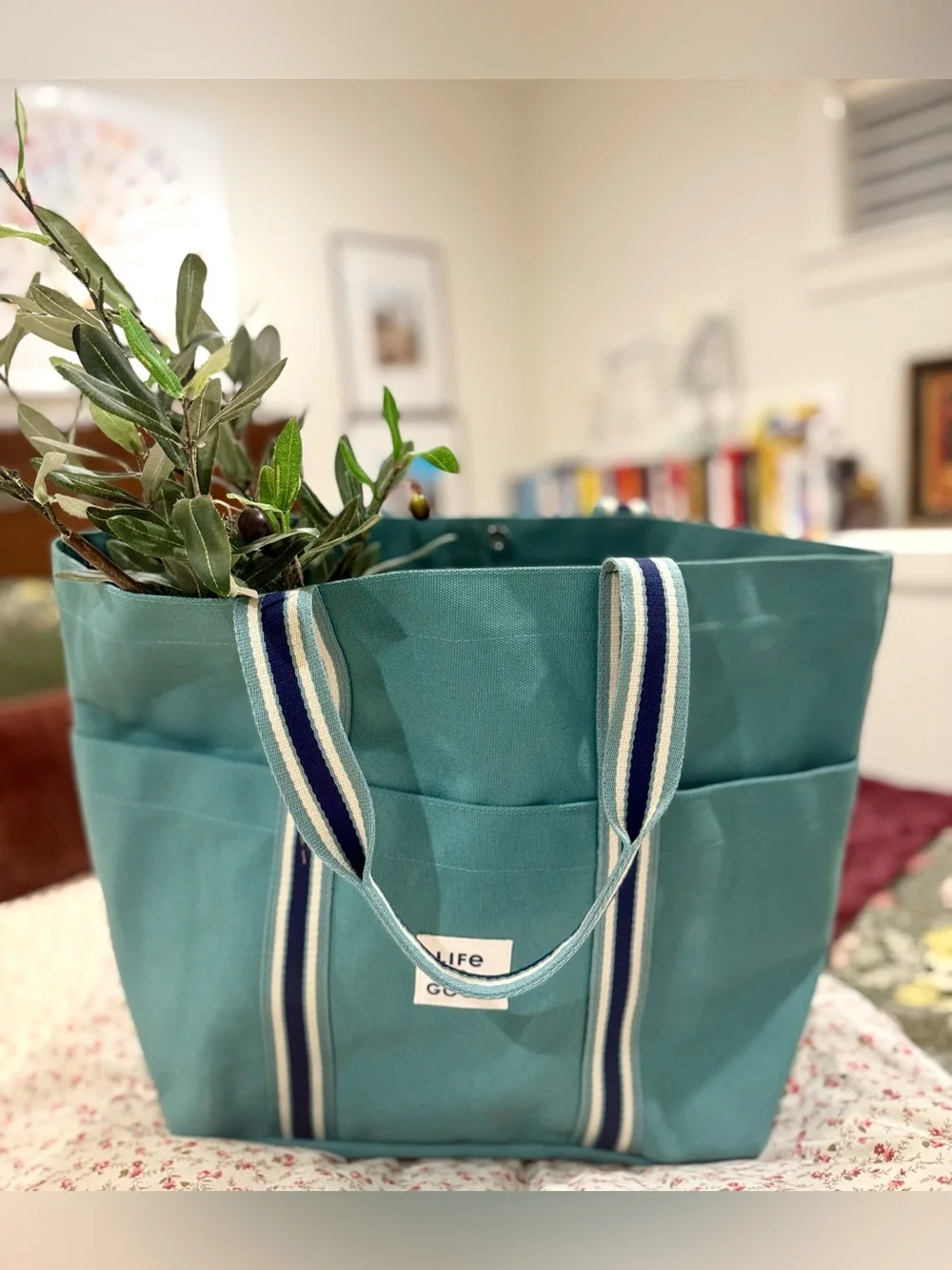 New Life is Good Canvas Tote Bag with Removable Zip Pouch | Teal | Multi-Pocket